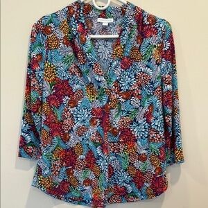 Charter Club Floral Multicolor 3/4 Sleeve V-Neck Top size Petite Small
